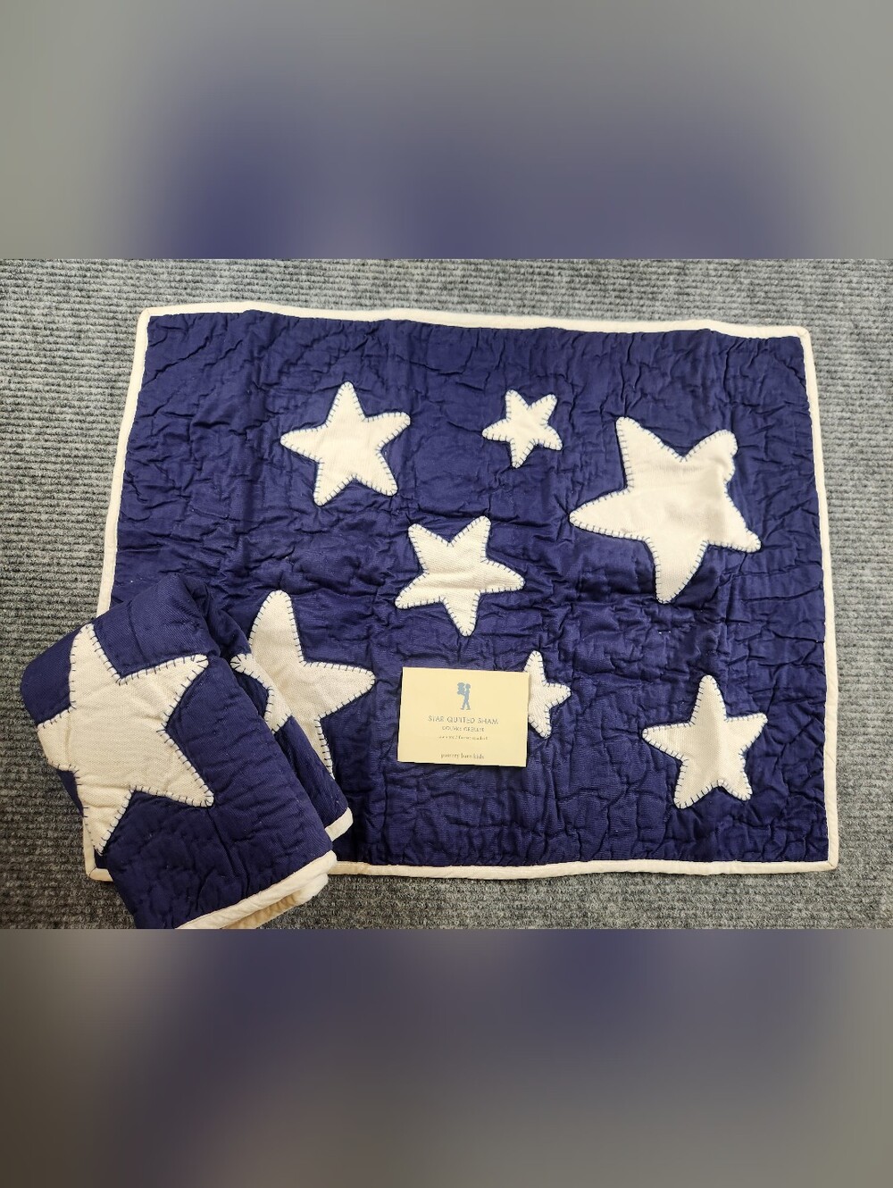 Pottery Barn Kids Star Quilted Pillow Sham Set of 2 NOS Navy Cream Americana
